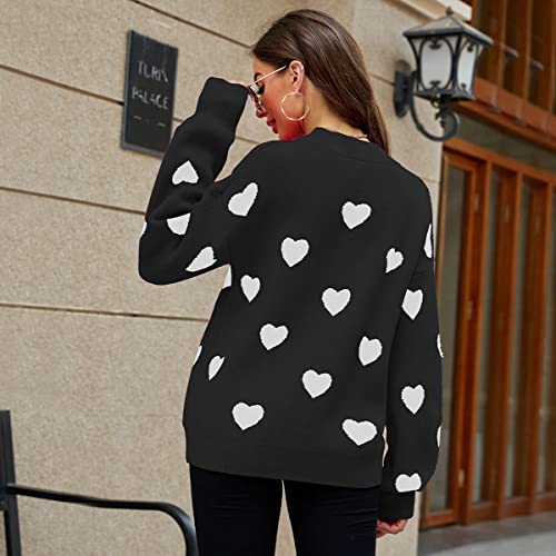 Image of Cute Sweaters for Women Girls Lovely Heart Printed Loose Casual Oversized Sweaters Crewneck Long Sleeve Pullover Knit Top (as1, Alpha, m, Regular, Regular, Standard, Black, Medium)