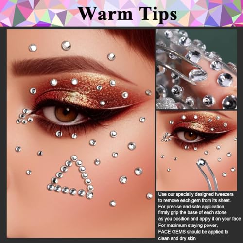 Image of MAYCREATE 4 Sheet Face Gems Rhinestones Pearl Stickers Kit for Makeup with Tweezer, Self-Adhesive Glitter Color Festival Face Jewels Hair Gems Sticker for Crafts, Nail Art, Clothes Making