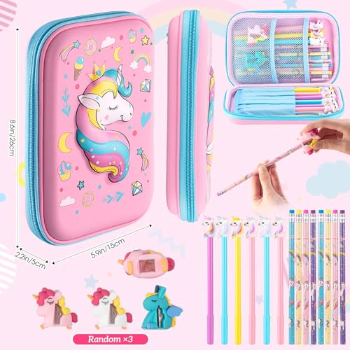 Eccliy 20 Pcs Pink Clear Unicorn Backpack Set Supplies Kit Unicorn Stationery Transparent Backpack Lunch Bag 3D Pencil Case with Compartment Pens Pencils and Sharpeners for Gifts3