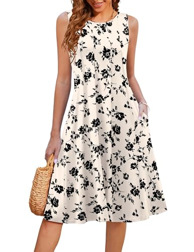 Image of HOTOUCH Summer Casual Dresses for Women Sleeveless Midi Dress Swing Tank Sundress Pleated Tshirt Dress with Pockets