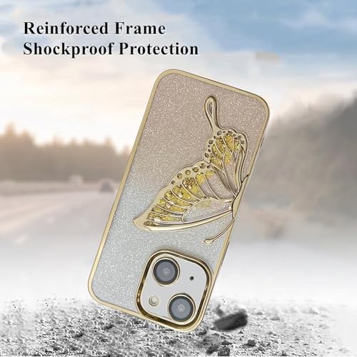 Image of MIDOS Thermoplastic Polyurethane Designed Comatable With iPhone 15 TPU Case With Luxury Glitter Cute Butterfly Plating Design Aesthetic Women Girls Cover For iPhone 15 (Gold)