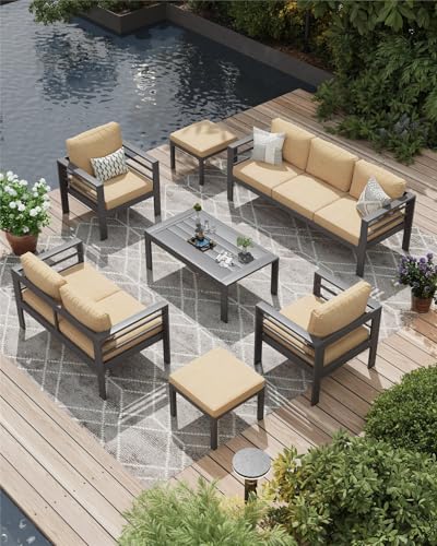 Image of AECOJOY Aluminum Patio Furniture Set, 9 Seats Modern Outdoor Furniture with Coffee Table, 7 Pieces Metal Conversation Sectional Sofa, Beige