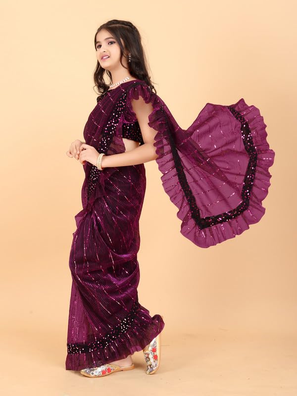 Image of Kids Supernet Tikli Work Ready to Wear Saree with Unstitched Blouse Piece | Traditional Ethnic Saree for Girls | Pre Stitched Festive Dress for School Function, Cultural Events & Wedding