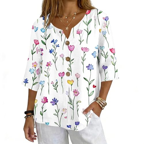 Chemiser Coton Et Lin Femme Chic Et Élégant Imprimé Coton Lin Chemise Henley Bouton Tee Shirt Manches Longues Col en V T-Shirts Boho Respirant Tunique Ample...
