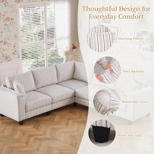 Image of 126 inch L Shaped Couch, 5 Seat Corner Couch with Storage Armrest & 2 Pillows, Convertible V Shaped Sectional Couch, Comfy L Shaped Sectional Couch, White Sectional Couches for Living Room