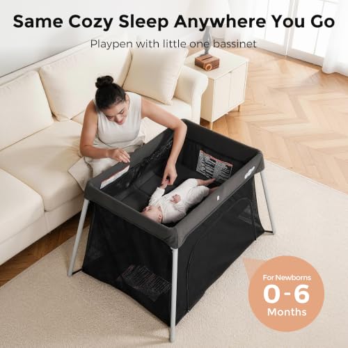 Image of Pamo Babe Travel Pack and Play, Foldable Portable Playpen with Mattress | Certified Baby Safe, Grey Playard with Zipper Door, Lightweight Baby Travel Bed with Backpack, Travel Crib for Outdoor Indoor