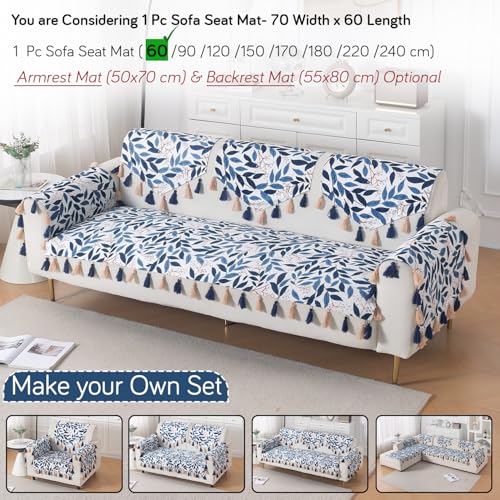 Image of HOKIPO Printed Holland Velvet Sofa Cover with Tassel for 1 /2 /3 Seater & L Shape Sofa | Make Your Own Set, 'Whispers of Nature' Sofa Mat, 70(W) x 170(L) cm, Indigo Foliage (IN-1121-D10)