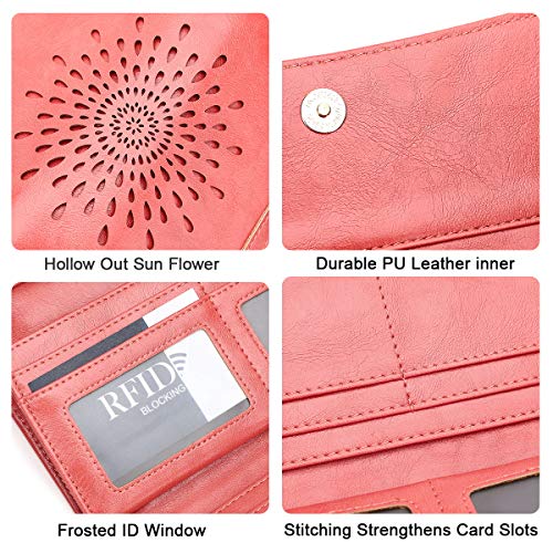Aphison Womens Wallets Rfid Blocking Pu Leather Clutch Long Wallet For Women Card Holder Phone Organizer Ladies Travel Purse Hollow Out Sunflower Design Gift Box 2214Coral #TOP4