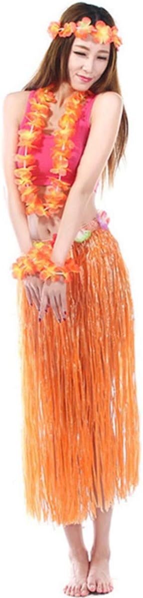 BJ-SHOP Hawaiian Girl Skirt,Hula Skirt with Flower Headband Garland Wrist Flower and Skirt Hawaiian Grass Skirt for Girls Women Hawaiian Luau Beach Party