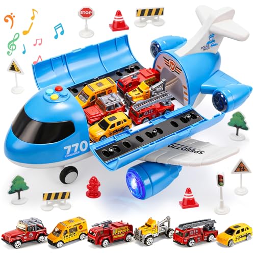 Toy Airplane Friction Powered Plane with Mini Cars, Lights & Sounds