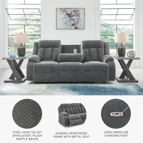 Image of Signature Design by Ashley Free Wake Modern Dual-Sided Power Reclining Sofa with Drop Down Table, USB Charging Port and 2 Cup Holders, Gray