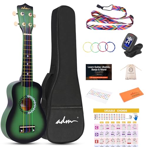 Image of ADM Ukulele for Beginners Hawaiian Wood Ukelele Kit for Kids Adult Student Starter Professional Ukalelee Pack Bundle with Free Lessons Gig Bag Strap Nylon String Tuner (Greenbrust, 21 Inch)