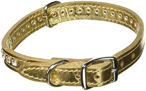Image of Signature Leather Crystal Dog Collar, Metallic Gold Solid Grain Leather, Fits 9.5 inch-11.5 inch Neck Size, 14 inch Overall Length