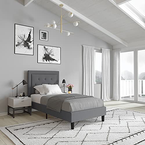 Merrick Lane Mallory Twin Size Platform Bed - Tufted Upholstered Platform Bed - Light Gray Fabric
