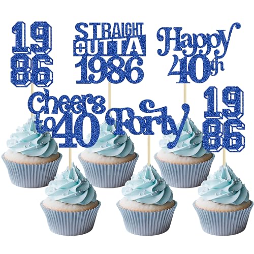 Gyufise 30Pcs Happy 40th Birthday Cupcake Toppers Glitter Forty Straight Outta 1986 Cupcake Picks Cheers to 40 Fabulous Cake Decorations for Happy 40th Birthday Anniversary Party Supplies Blue