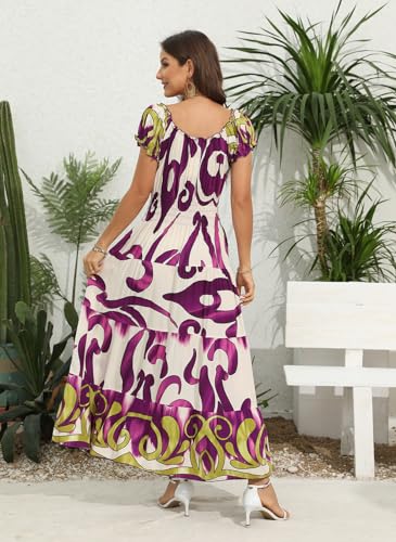Image of OSTOO Women's Floral Maxi Dress Boho Summer Short Sleeve Smocked Waist Tiered Long Dress