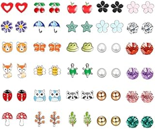 ADRAMATA 30 Pairs Stud Earrings for Girls Women Princess Dress Up Earrings Kids Flower Animals Star Heart Cute Stainless Steel Earrings Hypoallergenic Toddler Earrings Set for Girls Kids
