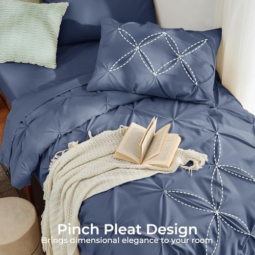 Image of Sasttie Twin Comforter Set, 5-Piece Bed in a Bag, Pintuck Bedding Sets for All Season, Includes Comforter, Flat Sheet, Fitted Sheet, Pillowcase and Pillowsham, Indigo Blue