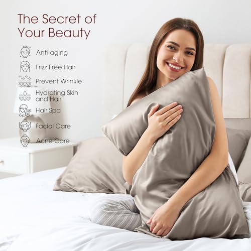 Image of 100% Silk Pillow Cases 2 Pack King Size Mulberry Silk Pillowcase for Hair and Skin Set of 2 Highest Grade 6A Silk Soft Breathable Cooling with Hidden Zipper, Grey