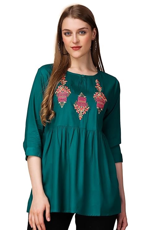 Women's Rayon Teal Green Embroidery Top-image-26