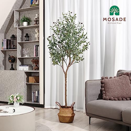 Mosade Artificial Olive Tree 6 Feet Fake Olive Silk Plant And Handmade Seagrass Basket, Perfect Tall Faux Topiary Silk Tree For Indoor Entryway Modern Decor Home Office Porch Balcony Gift,1Pack #TOP3
