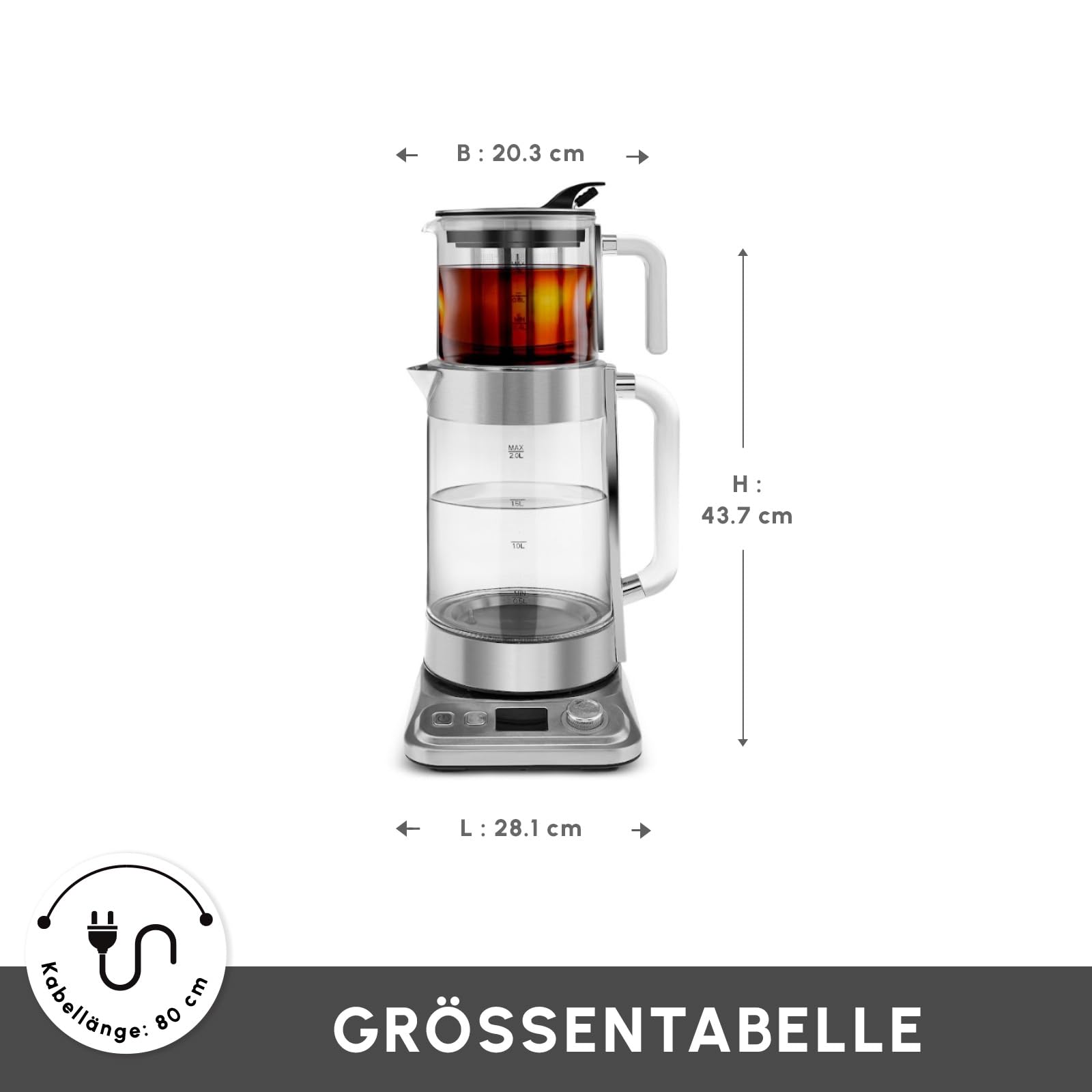 Karaca X Refika XL Tetera automática & Caydanlik, hervidor de agua de 2 L y tetera de cristal de 0,8 l, multitemperatura, modo ecológico, 2200 W, tetera para familia e invitados, cromo