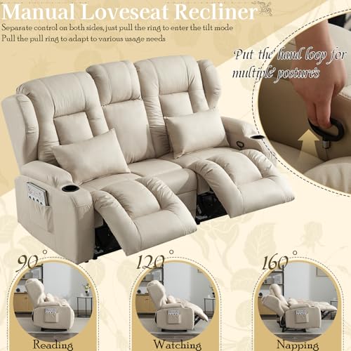 SAMERY Relaxsessel mit Liegefunktion Fernsehsessel Manuell Verstellbar, Zweisitzer Sofa Kinosessel 2 Sitzer Sofa TV Sessel Heimkino mit Getränkehalter/Schublade/Buchse, Stoffbezug – Bild 4