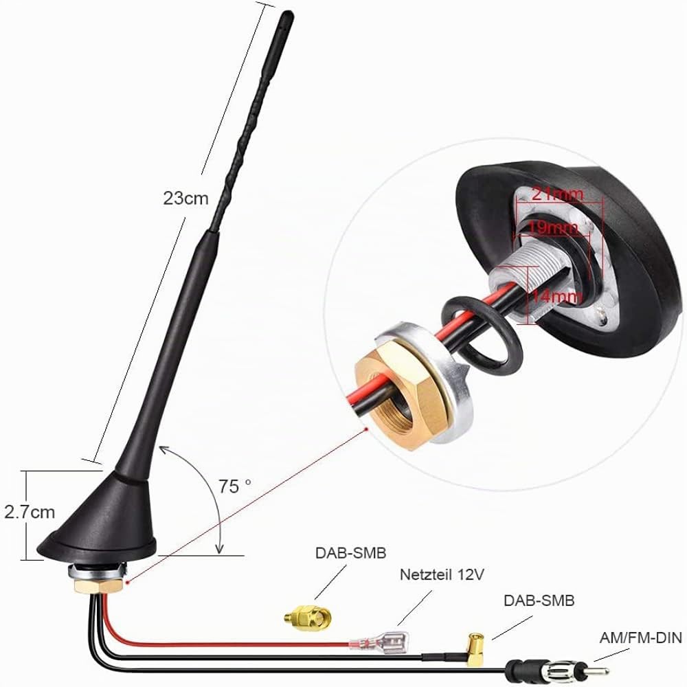 Eightwood Antena activa DAB/DAB+ para coche, radio digital FM/AM Combi, antena de techo con amplificador, conector SMB/SMA, adaptador DIN, 5 m
