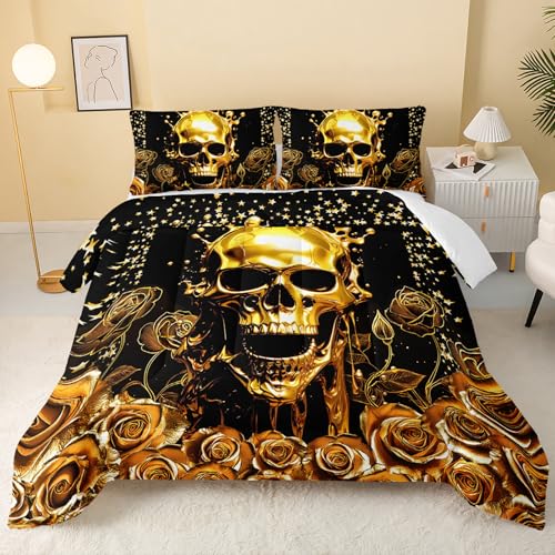 Image of QOOMO Skull Print Kids Bedding Set,Golden Flowers Comforter Set Queen Size for Boys Girls Teen Room Decorat,Soft Lightweight Bed Set All Season,1 Comforter 2 Pillowcases