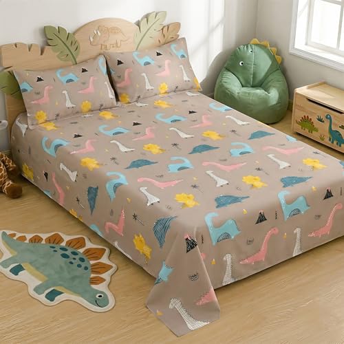Image of Story@Home Kids Dinosaur Theme Double Bed Bedsheet Set 225x250 cm with 2 Pillow Covers | 180 TC Cotton Feel Fabric | Dino Brown T-Rex & Dino Print | Soft, Durable & Skin Friendly