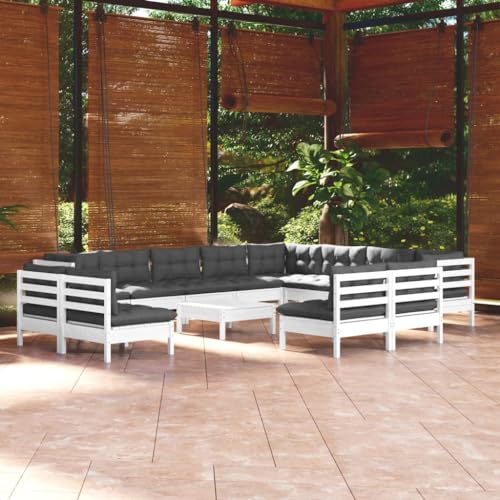 QZZCED 13-TLG. Garten-Lounge-Set mit Kissen Weiß Massivholz Kiefer Garten-Couch-Set Gartenmöbel Set Gartensofa-Set Terrassen-Sofa-Set für Terrassen, Gärten, Balkone, Hinterhöfe