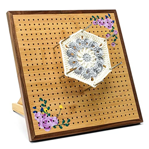 Crochet Blocking Board -Crochet Gift for Granny Square Lovers-Bamboo Blocking Board for Knitting Crochet, Full Kit with 24 Stainless Steel Rod Pins (13 in-Minimalist Patterns)