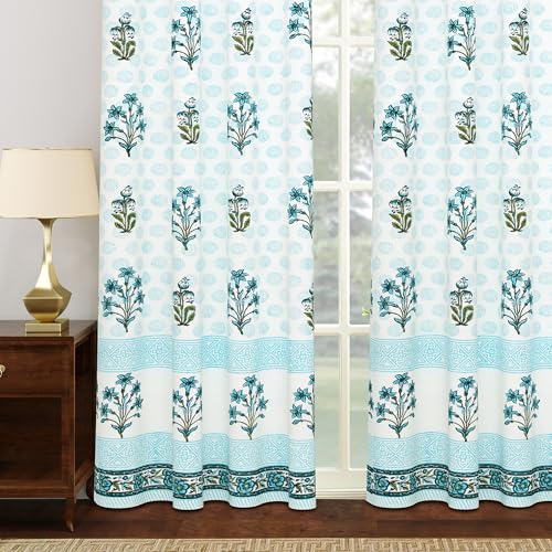 Image of BLOCKS OF INDIA Hand Block Printed Cotton Daylight Curtains with Eyelets(Set of 2 Curtains) (Block 9, 7 Feet /Door)