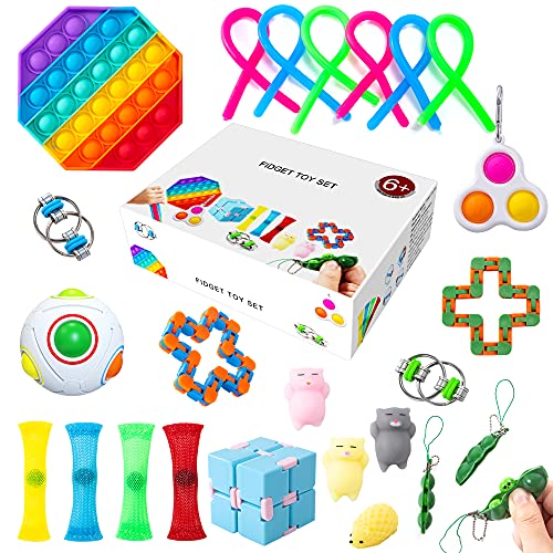 LETSCOL Fidget Toy Set,24 Pack,Fidget Pack Relieve Stress & Anxiety for Kids & Adults,Funny Sensory Fidget Toys- Push Pop Bubble,Simple Dimple,Infinity Cube,Wacky Track,Mochi Squishy,Rainbow Ball
