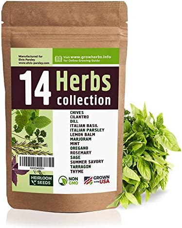 14 Culinary Herb Seeds Variety - USA Grown for Indoor or Outdoor Garden - Heirloom and Non GMO - Basil, Parsley, Cilantro, Dill, Rosemary, Mint, Thyme, Oregano, Tarragon, Chives, Sage & More