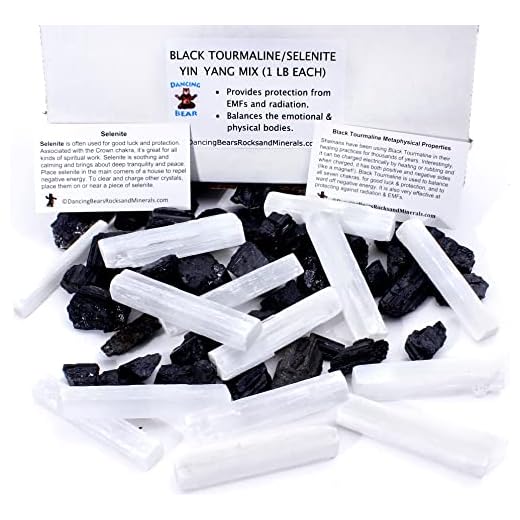 dancing bear black tourmaline & selenite combo pack (1 lb each) bulk rough raw natural stones for good vibes, emf & radiation protection, healing crystals, info cards, cleansing energy, made in usa