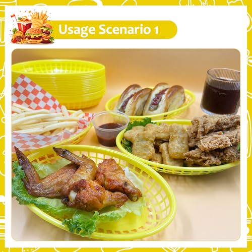 MEOTAKILE 20 Pack Plastic Fast Food Baskets, 8.8\" × 5.5\" Small Oval Restaurant Serving Baskets Tray for Burgers, Sandwiches, Hot Dogs, Parties, Food Trucks, Reusable or Disposable, Stackable(Yellow)