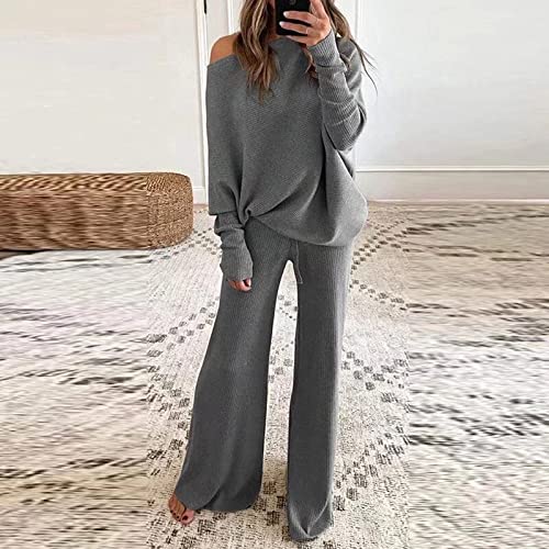 Women's Plus Size 2 Piece Solid Color Off Shoulder Ribbed Matching Sweatsuit Lounge Pajamas Set Leisure Wear Loungewear Tracksuit Blue Medium #TOP4