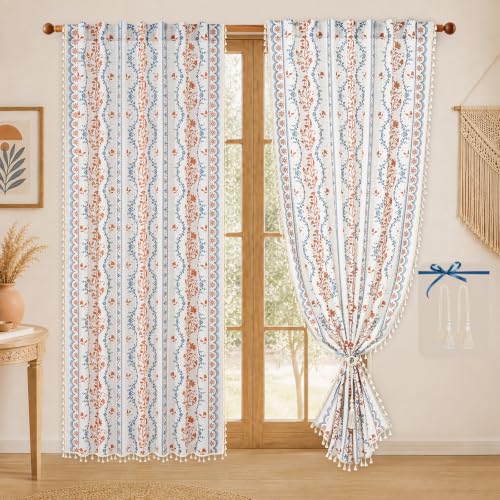 Image of Yinhua Boho Curtains for Living Room 84 Inch Length Vintage Linen Curtains for Bedroom Light Filtering Window Curtain Rod Pocket & Back Tabs Rustic Tassel Drapes with Tiebacks, Blue Orange Floral