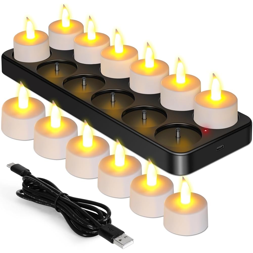 Hndhbfgrt Flameless Flickering Tea Light Candles Rechargeable 12pcs with Remote Control Timer& Charging Base, Decoration