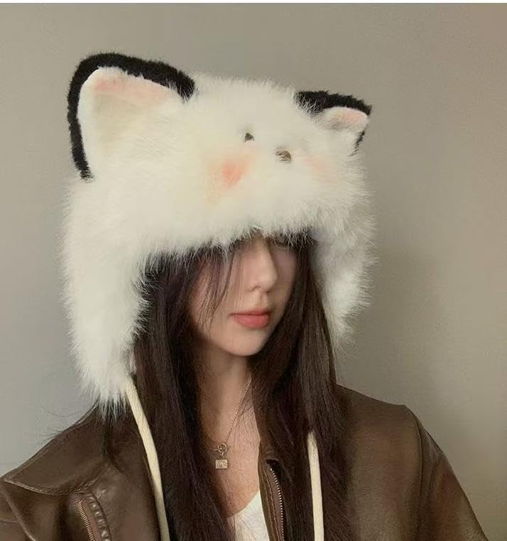 Winter Fuzzy Hat Cute Animal Head-Funny Warm Moving Ear Furry Cat Fox Hoodie for Women Costume Meme Party