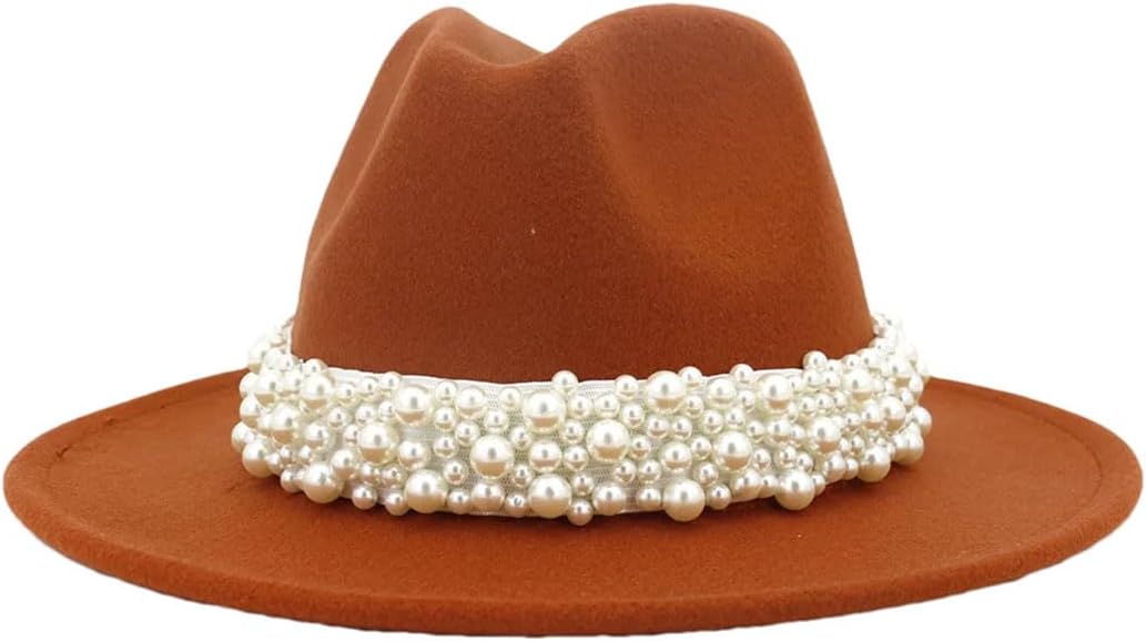 Jazz Fedora Hats with Pearls Band Women Felted Cap Wide Brim Church Party Dress Hat Sunhat Rust red 56to58cm