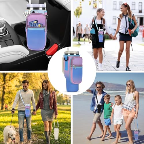 Image of HASTHIP Water Bottle Carrier Bag for Stanley 40 /30 oz Tumbler with Phone Pocket Water Bottle Holder with Strap Neoprene Water Bottle Pouch for Stanley Cup Accessories (Gradient Purple)