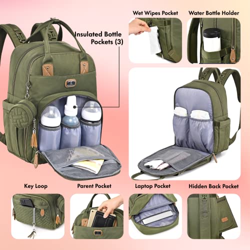 Image of Dikaslon Diaper Bag Backpack with Portable Changing Pad, Pacifier Case and Stroller Straps, Large Unisex Baby Bags for Boys Girls, Multipurpose Travel Back Pack Moms Dads, Green