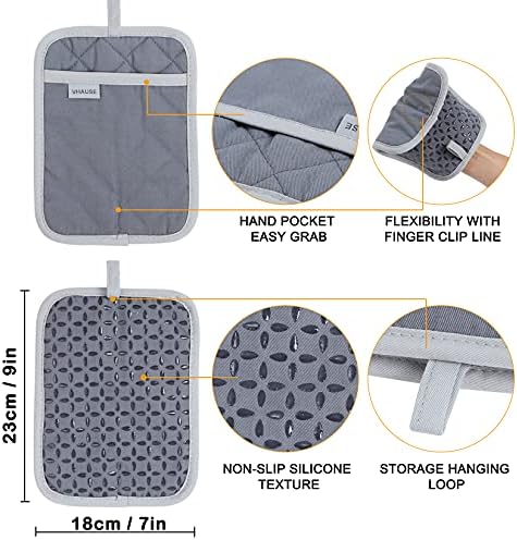 VHAUSE Oven Gloves and Potholders Set  4pcs Long Cotton Puppet Oven Mitts & Hot Pads with Non-slip Silicone Grip Heat Resistant 235°C for Kitchen Baking Cooking Grilling Machine Washable-Grey