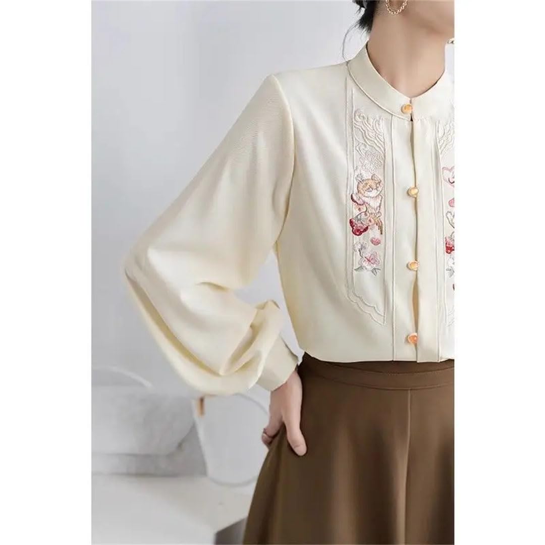 Camisa de manga larga con cuello redondo para mujer, bordada, con botones, vintage, elegante