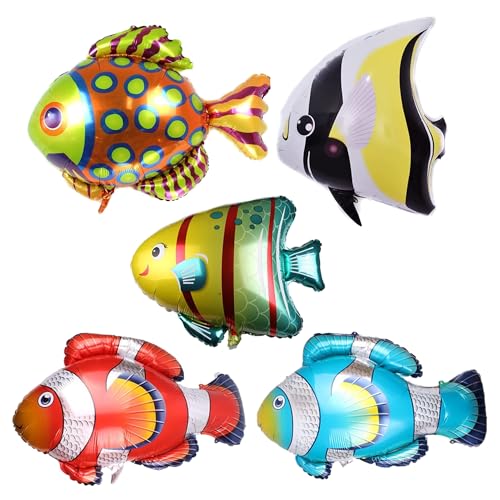 Image of 5 Pcs Fish Balloons, Large Tropical Clownfish Foil Balloon | Inflatable Under the Sea Animal Creature Balloons for Baby Shower Kids Birthday Ocean Themed Party Decorations