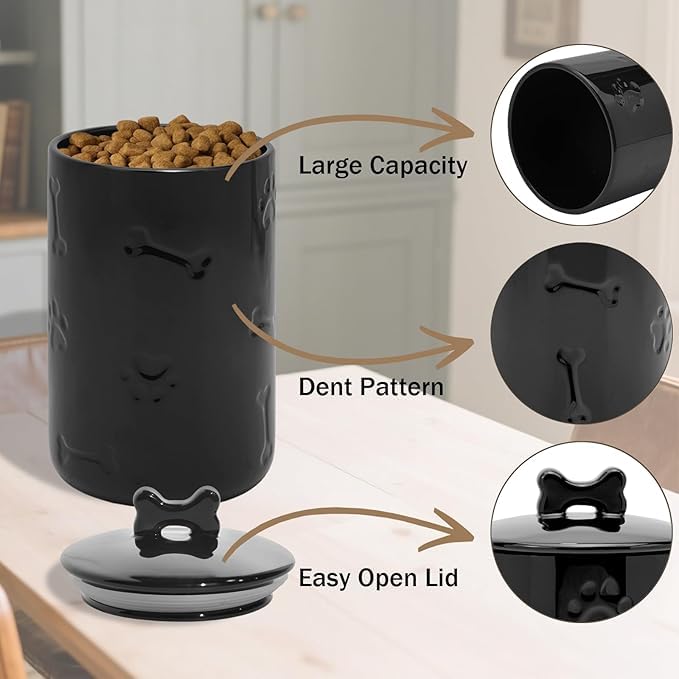 Contenitore ermetico per cani, 22,9 x 12,7 cm, grande barattolo in ceramica per bancone della cucina, barattolo bianco per biscotti con coperchio, stile fattoria, per cani e gatti (nero)