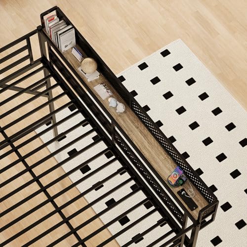Image of Full Size Metal Loft Bed with Storage Stairs, Wardrobe & Charging Station | Storage Shelve,Convertible Staircase,LED Lights, Solid Wood Stairs, Safety Guardrail, Noise-Free, No Box Spring Needed