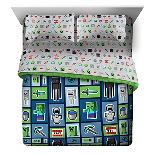 Image of Minecraft Creeper Queen Comforter Set 5 Piece Kids Bedding for Boys, Multi | Zombie, Bed in a Bag, Comforter Sheets Pillowcases, Official Product, Soft Microfiber, Machine Washable, Boys Gift